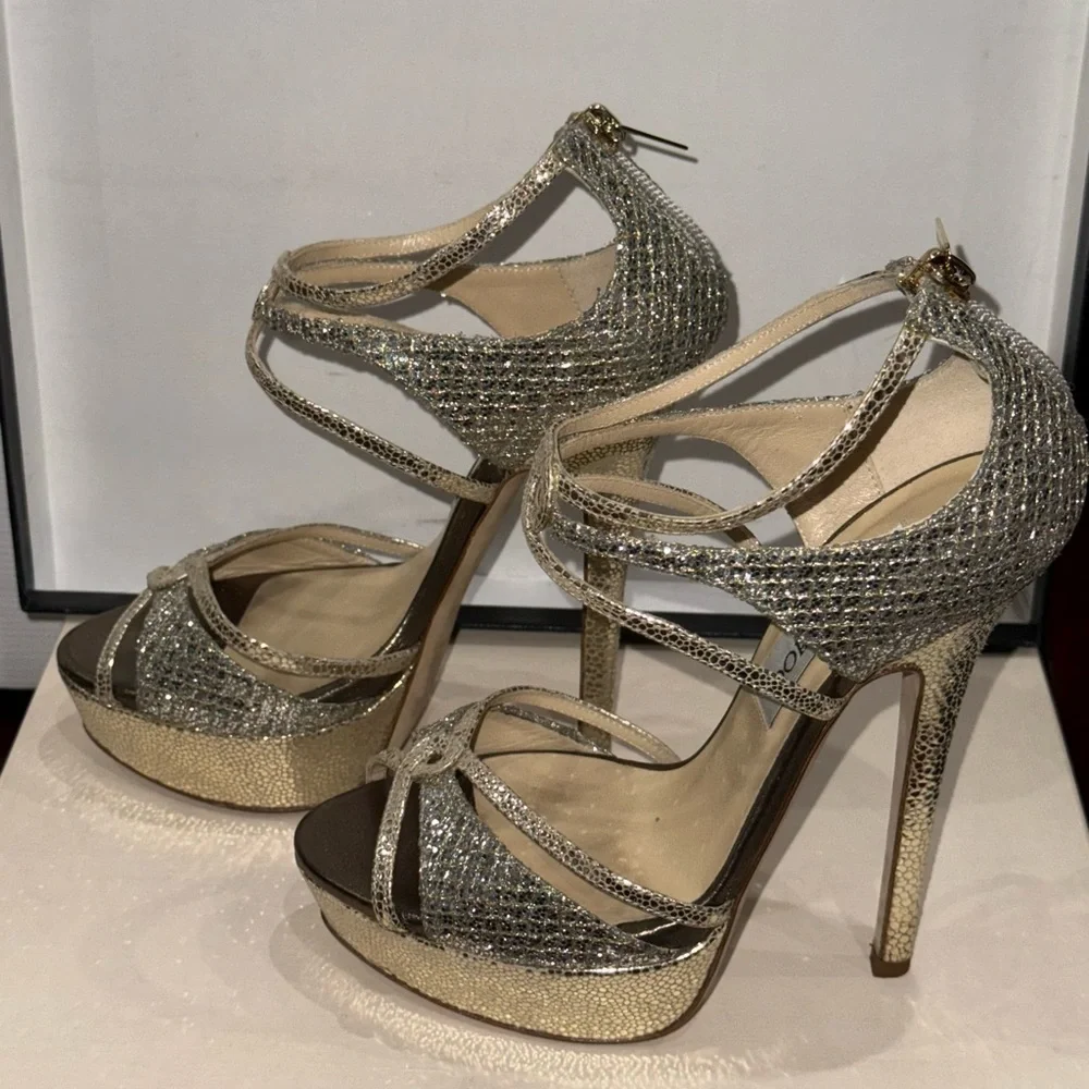 Jimmy Choo Champagne Sierra Glittercoated Snakeprint leather pumps - Picture 2 of 5